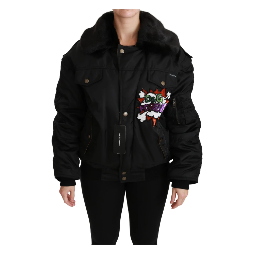 Dolce & Gabbana Black Bomber Jackets, Female, 2XS, Sequined Queen Crown Bomber Jacket