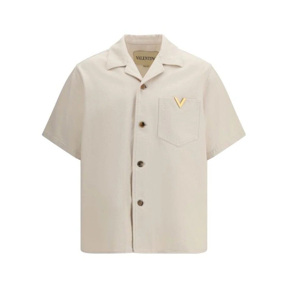 Valentino Men's Beige Denim Button-Up Shirt With Classic Collar