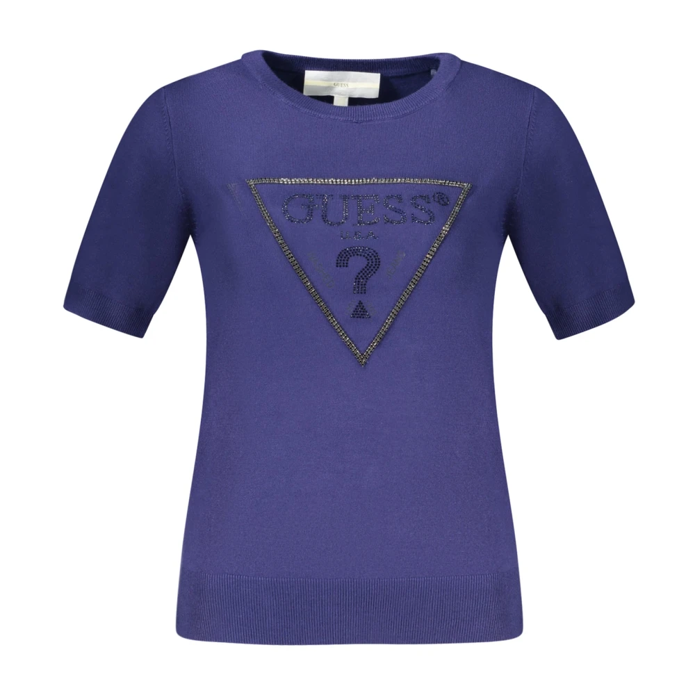 Guess Blauwe Dames T-shirt met Korte Mouwen en Contrasterende Details en Logo Blue Dames