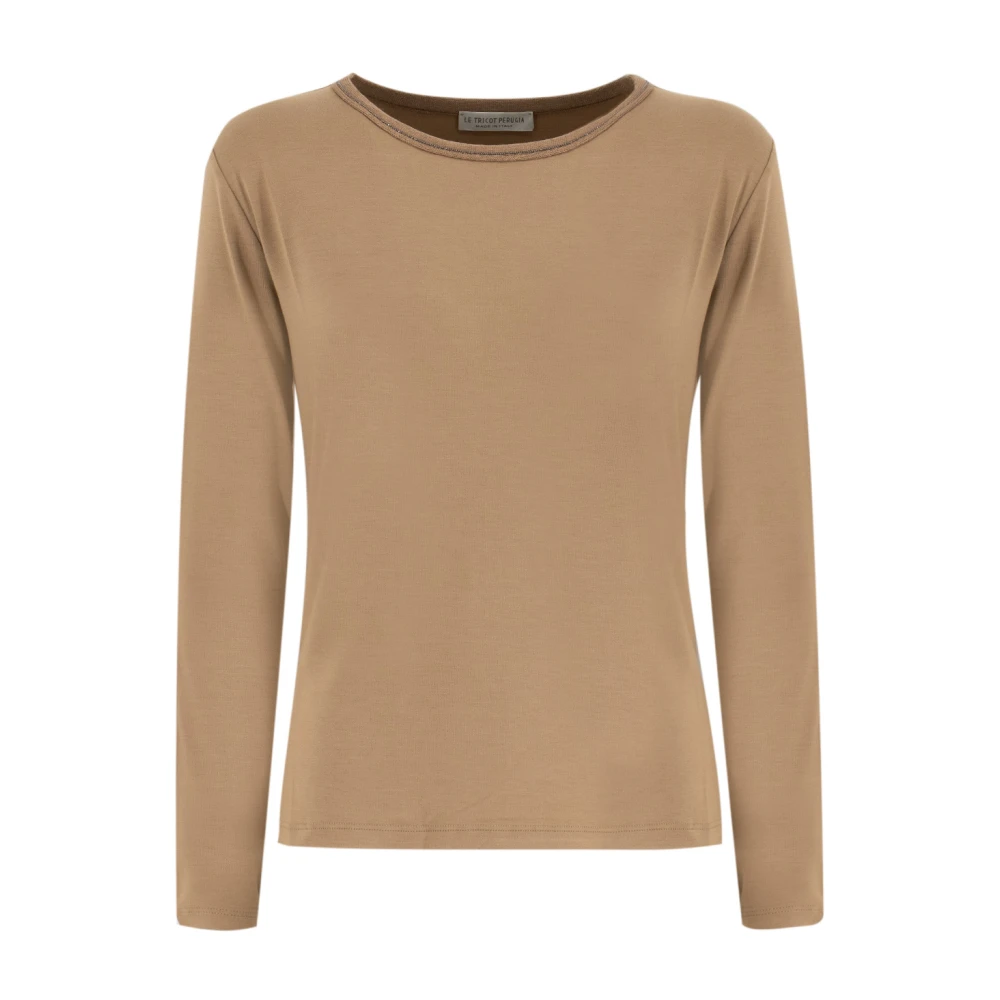 Le Tricot Perugia Gebreide Crew Neck Shirt met Lurex Brown Dames