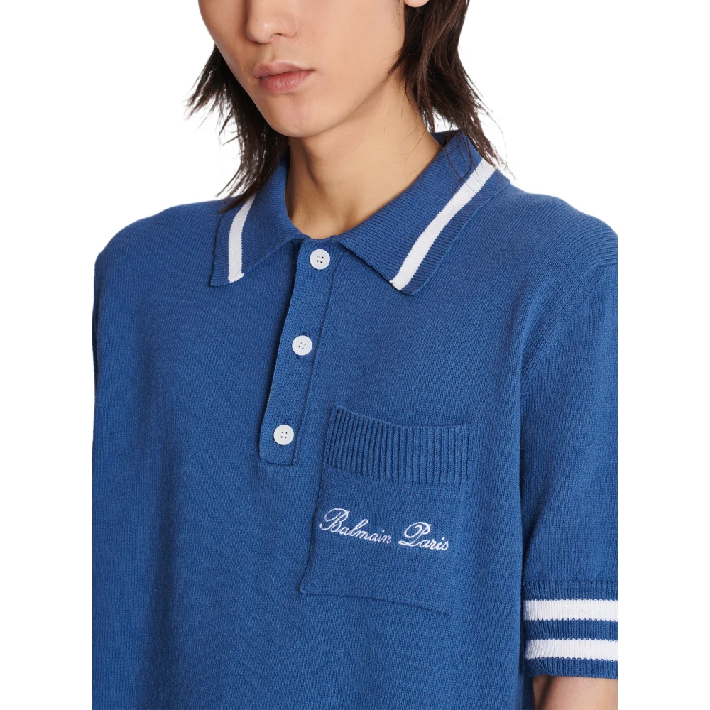 Balmain Katoen-linnen poloshirt met Balain Signature borduurwerk Blue Heren