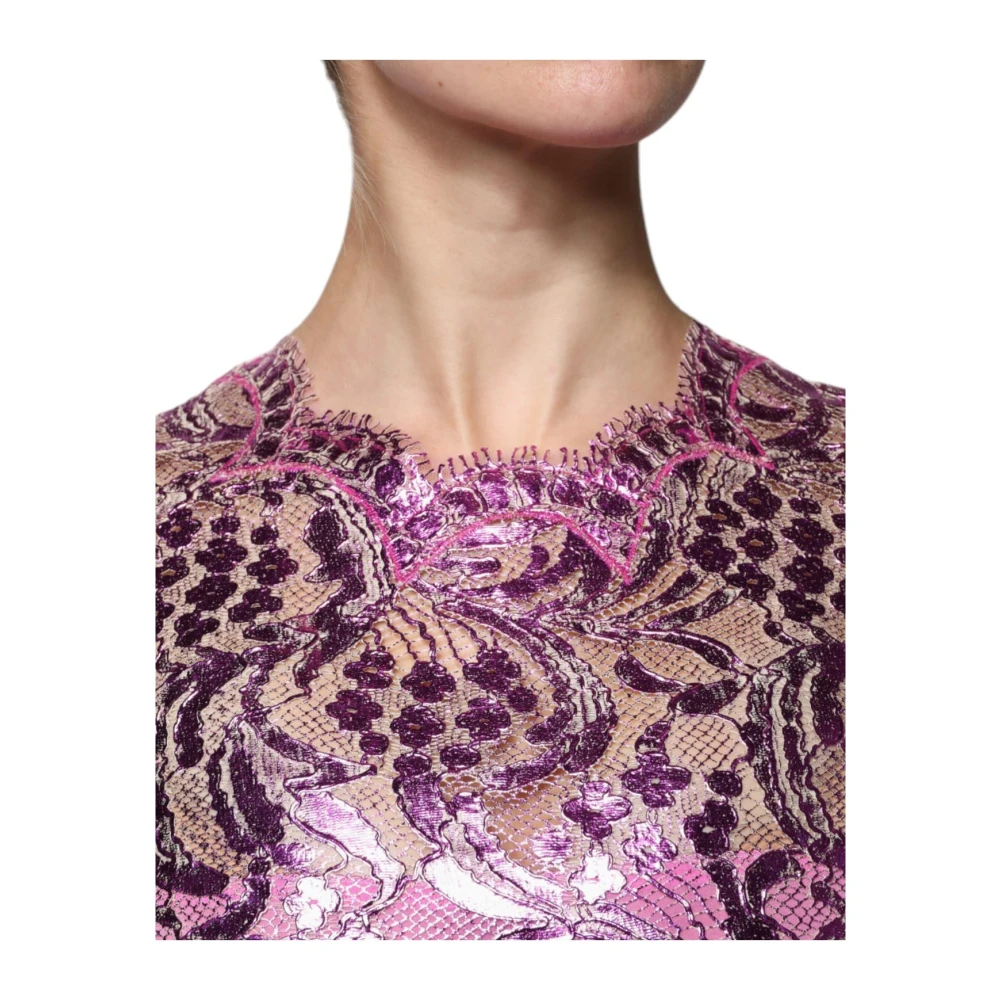 Dolce & Gabbana Metallic Kant Bloemen Mini Jurk Pink Dames