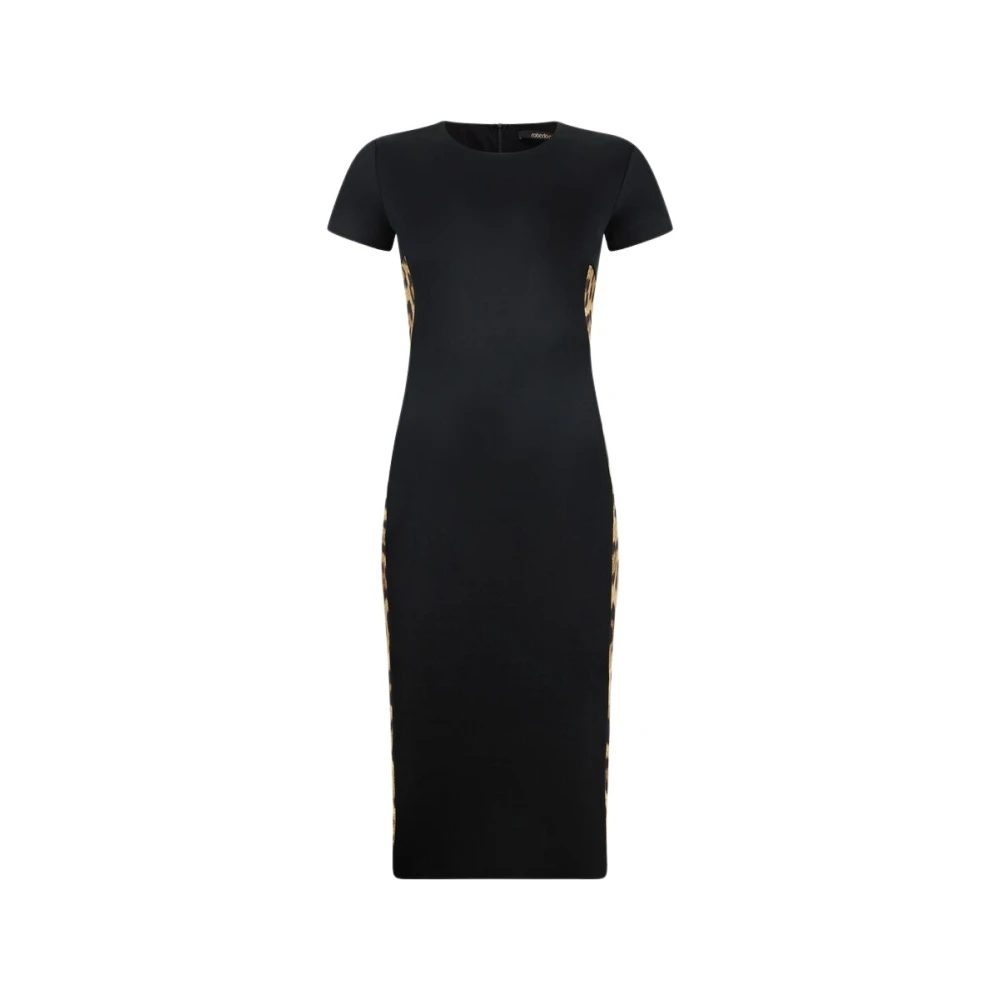 Roberto Cavalli Black Midi Dresses, Female, Xs, Midi Dress With Leopard Print Panels