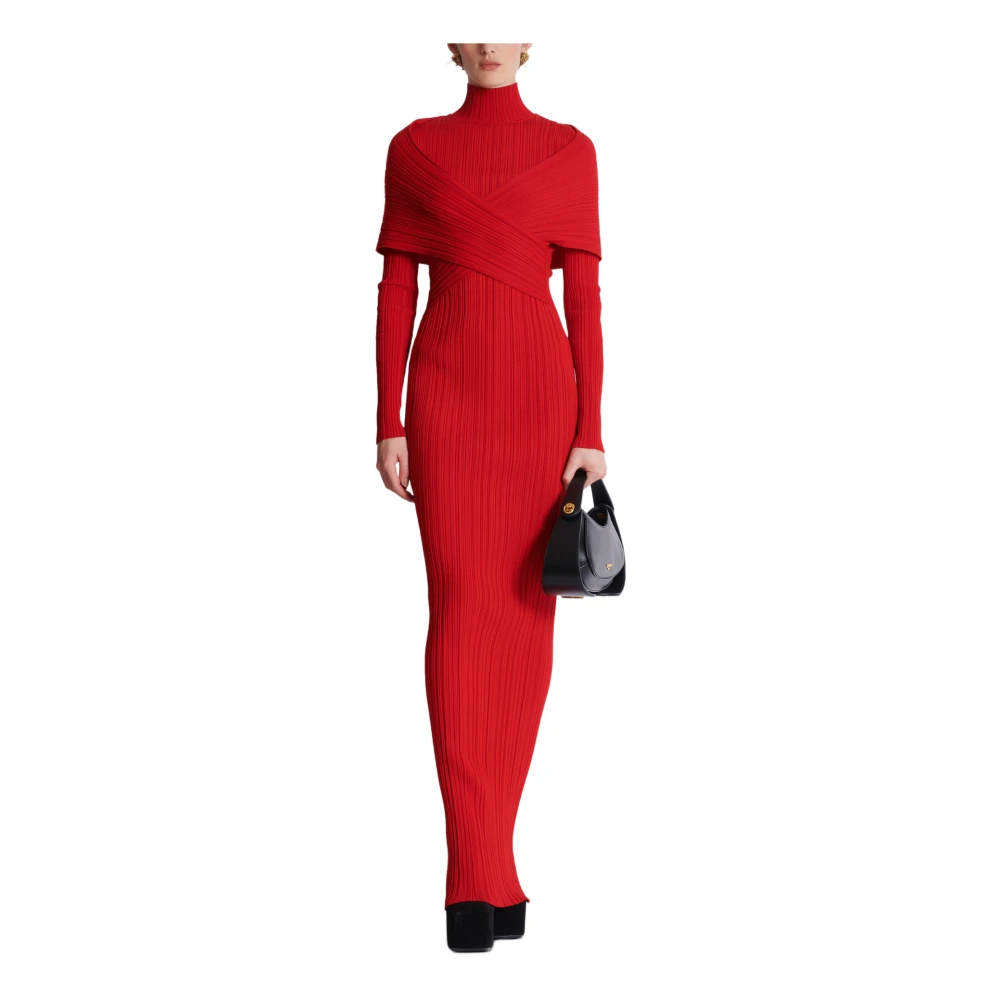 Balmain Lange geplooide gebreide jurk Red Dames