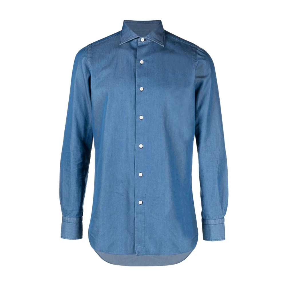 Finamore Heldere Blauwe Napoli Katoenen Overhemd Blue Heren