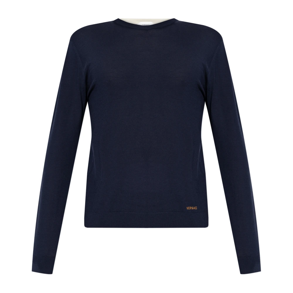 Versace Blå Broderad Tröja I Ull Med Rund Hals