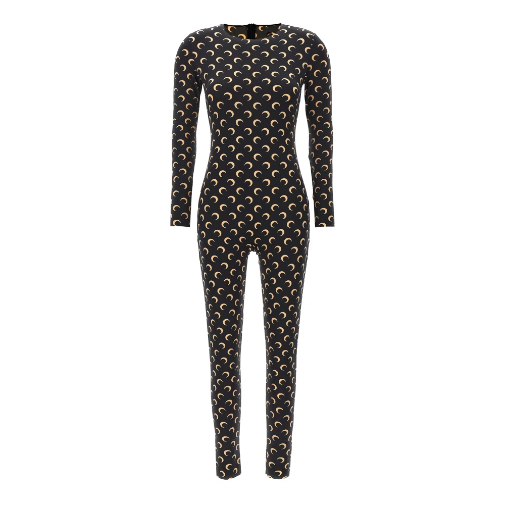 Marine Serre Women's Black Jumpsuits, S, Moon Printed Stretch Fabric Catsuit