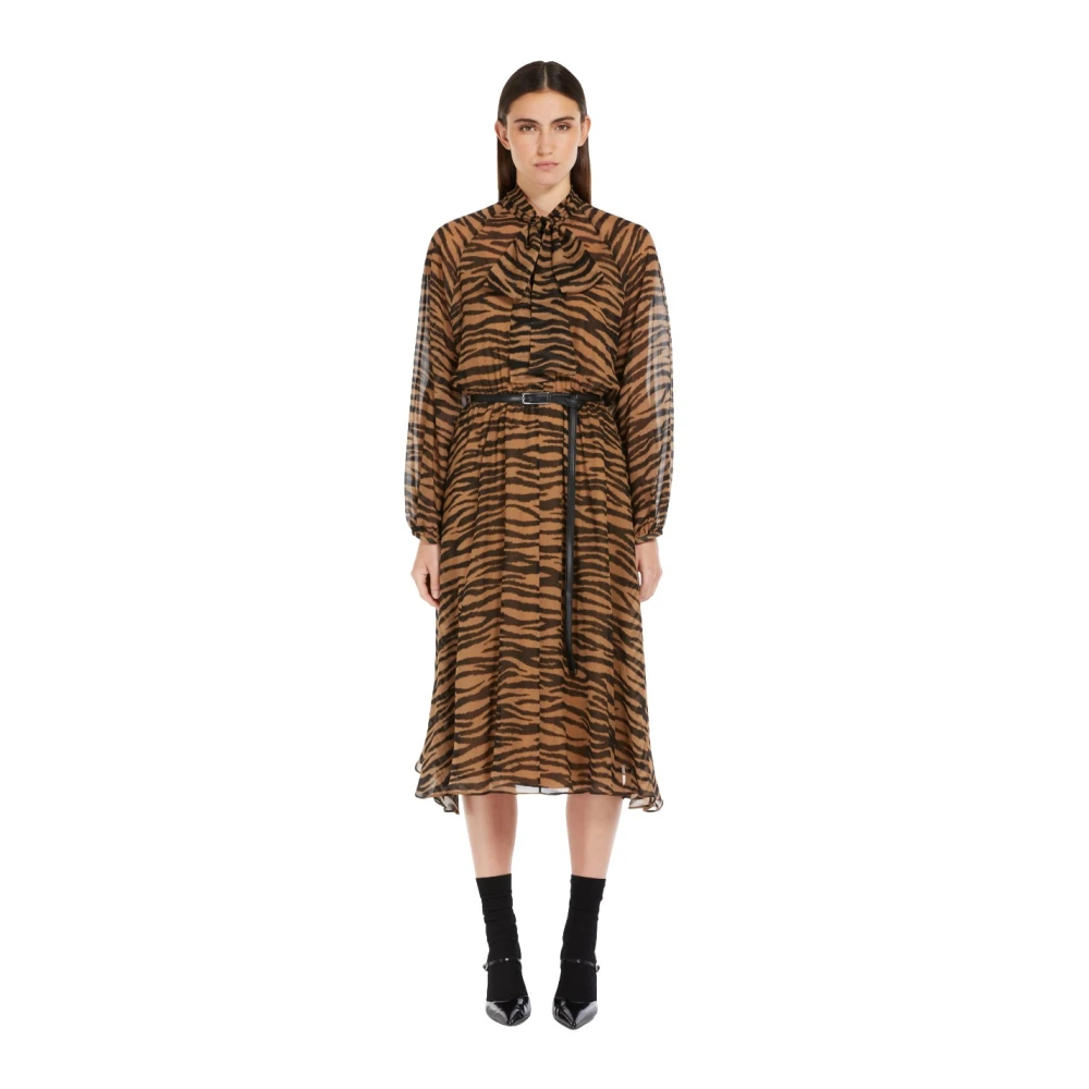 Max Mara Studio Zijden jurk met dierenprint Brown Dames