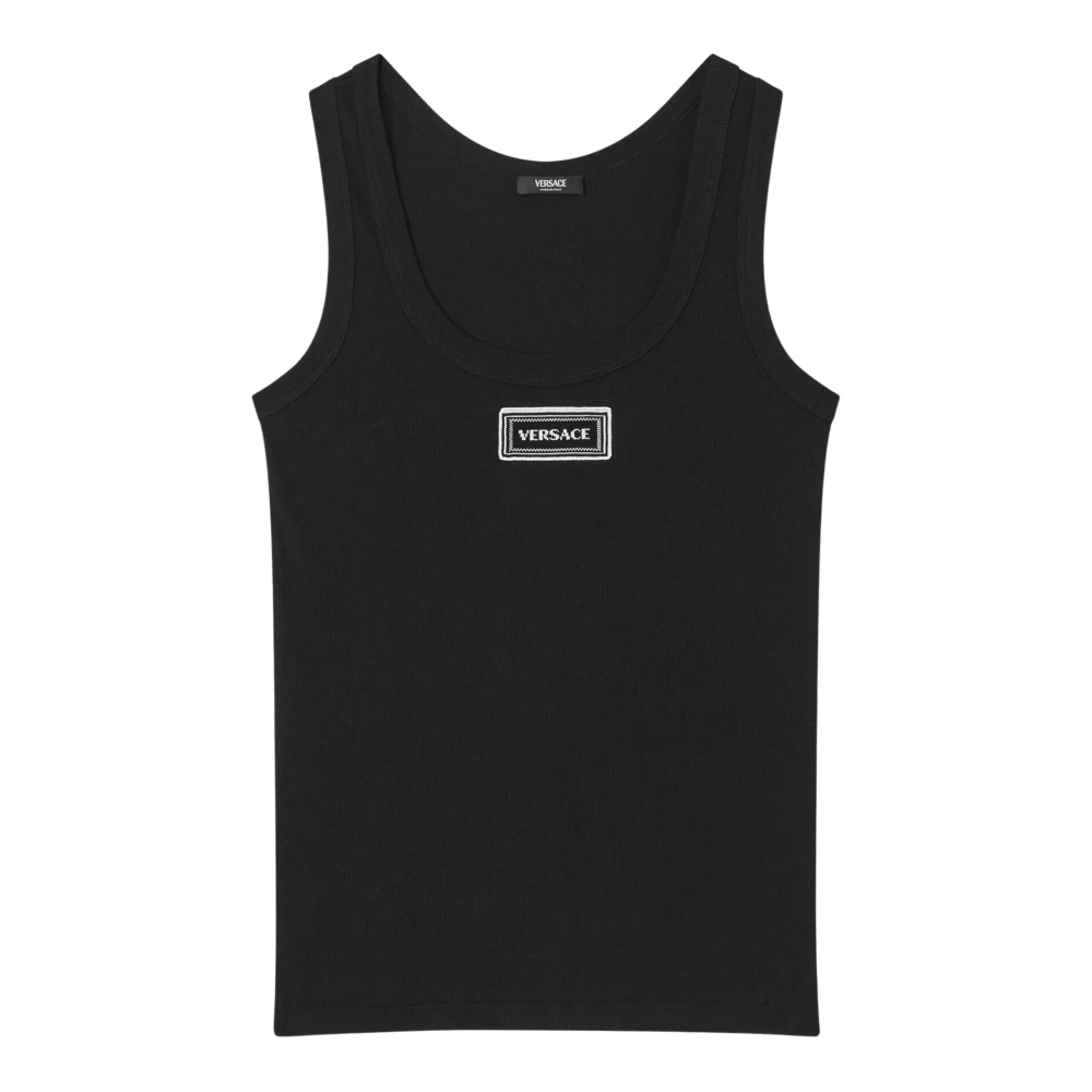 Versace , Sleeveless Tops, Female, Black, M, 90S Vintage Logo Ribbed Tank Top