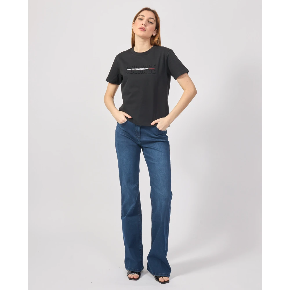 PATRIZIA PEPE Zwarte Katoenen T-shirt met Slogans Black Dames