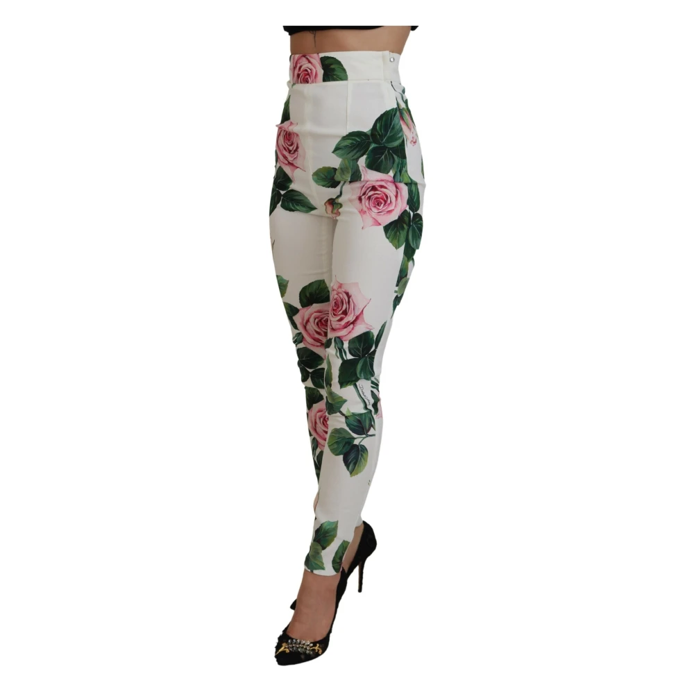 Dolce & Gabbana Witte broek met hoge taille en rozenprint White Dames