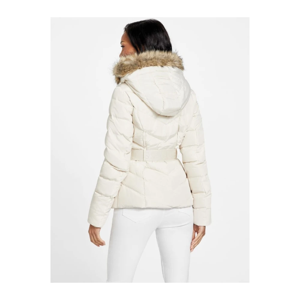 Guess Faux Fur Hooded Puffer Jacket Beige Dames