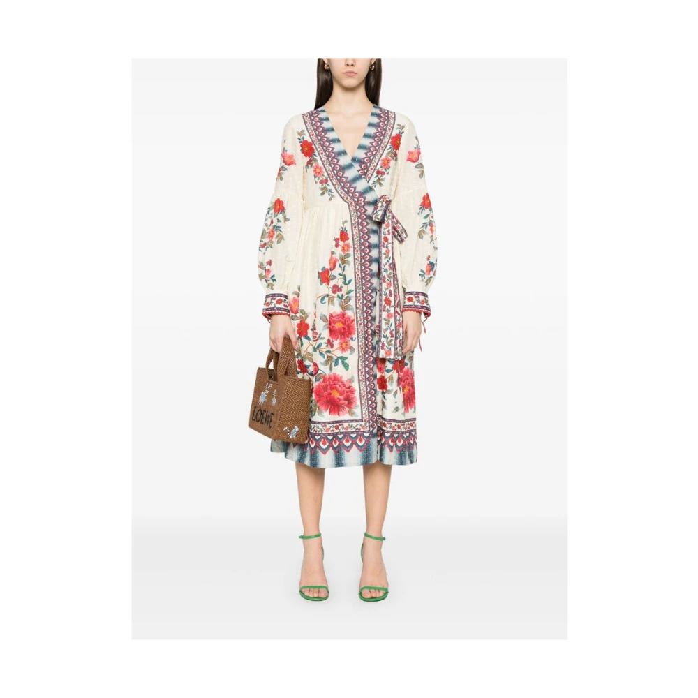 Farm Rio Ecru Wrap V-hals Jurk met Zijstrik Multicolor Dames