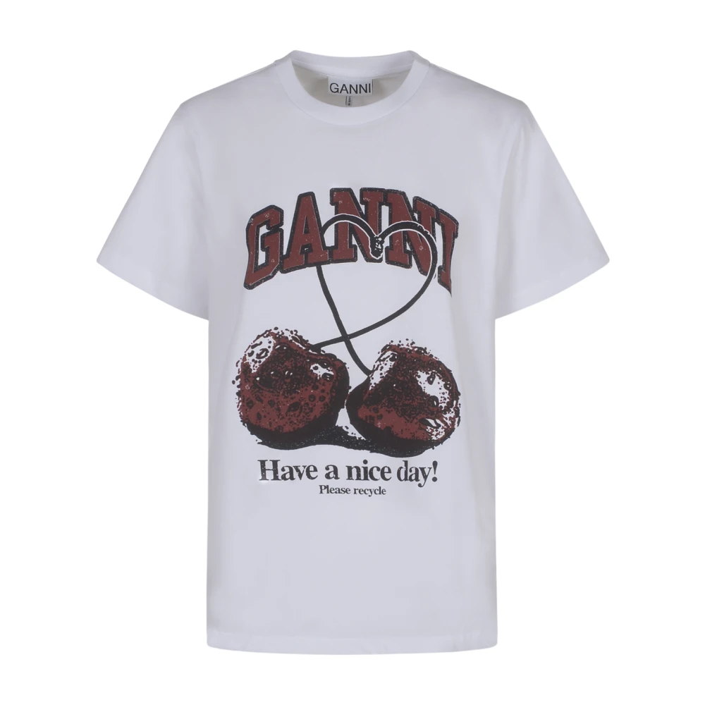 Ganni Ontspannen Cherry T-shirt met Print White Dames