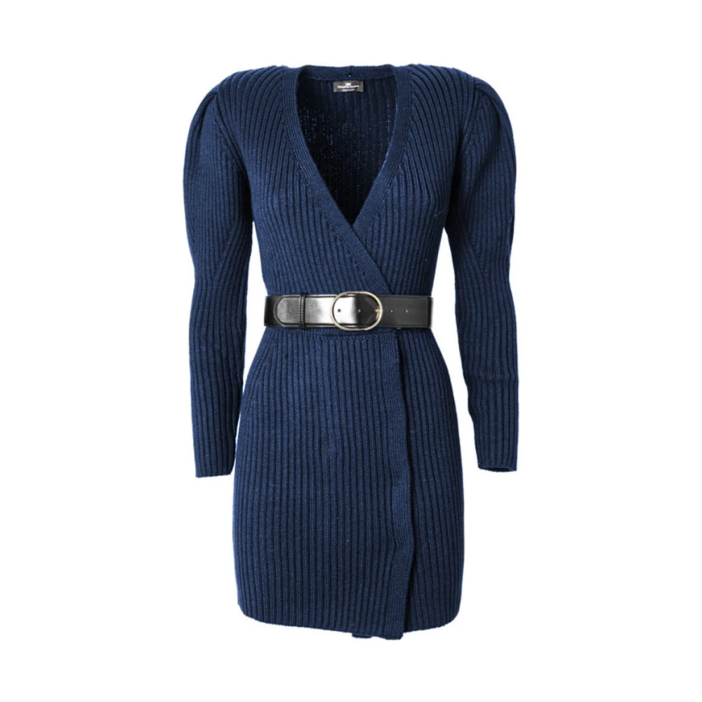 Elisabetta Franchi Stickad klänning med lång ärm och bälte Blue, Dam