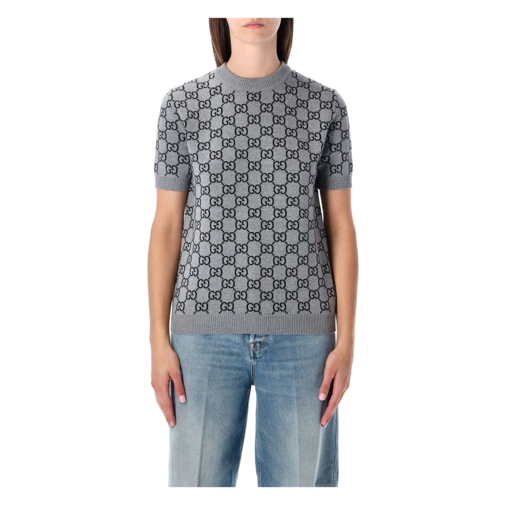 Gucci Women's Gray Reversible Gg Wool Jacquard Cardigan