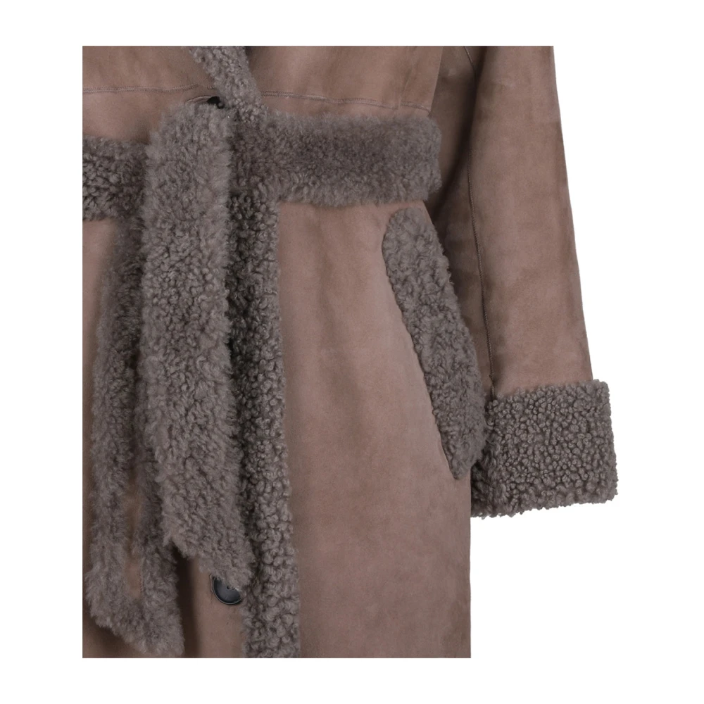 Suprema Bruine Schapenvacht Lange Jas met Riem Gray Dames