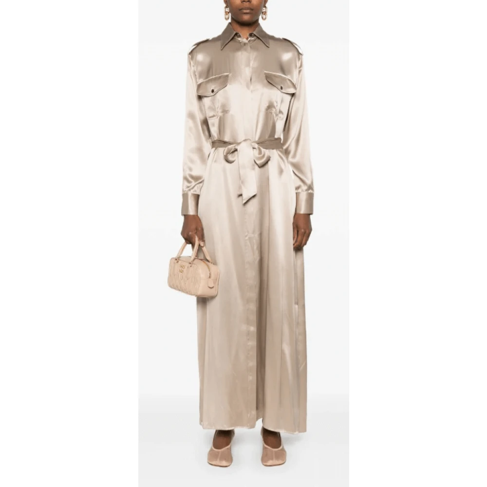 Kiton Bruine Zijden Maxi Jurk Satijnen Afwerking Brown Dames