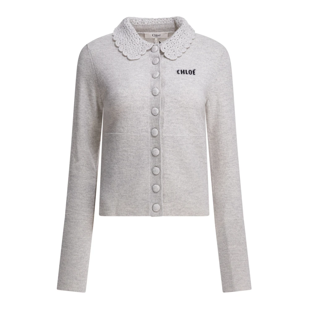 Chloé Women's Gray Cardigans, M, Fitted Logo Cardigan
