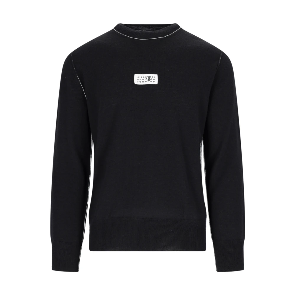 Mm6 Maison Margiela Men's Black Round-Neck Knitwear, L, Logo Jumper With Contrast Details