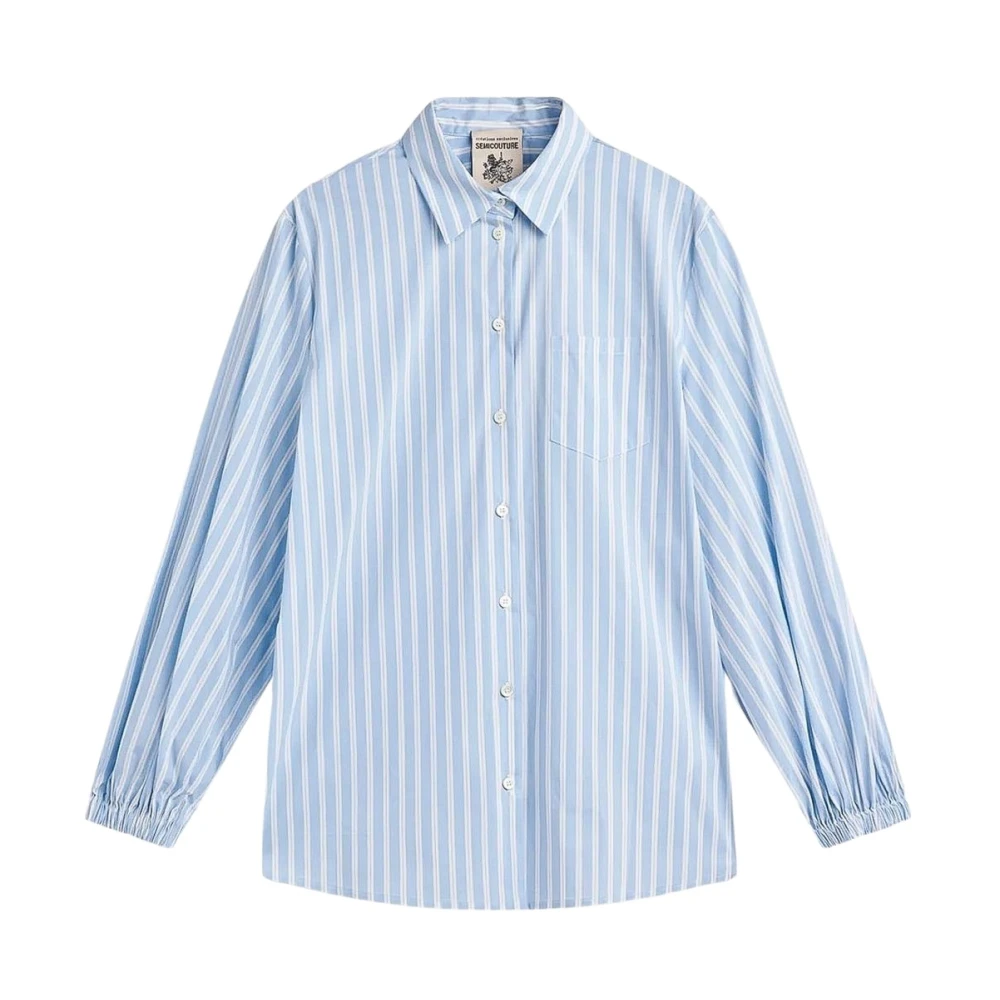 Semicouture Rutig poplin skjorta med rynkad manschett Blue, Dam