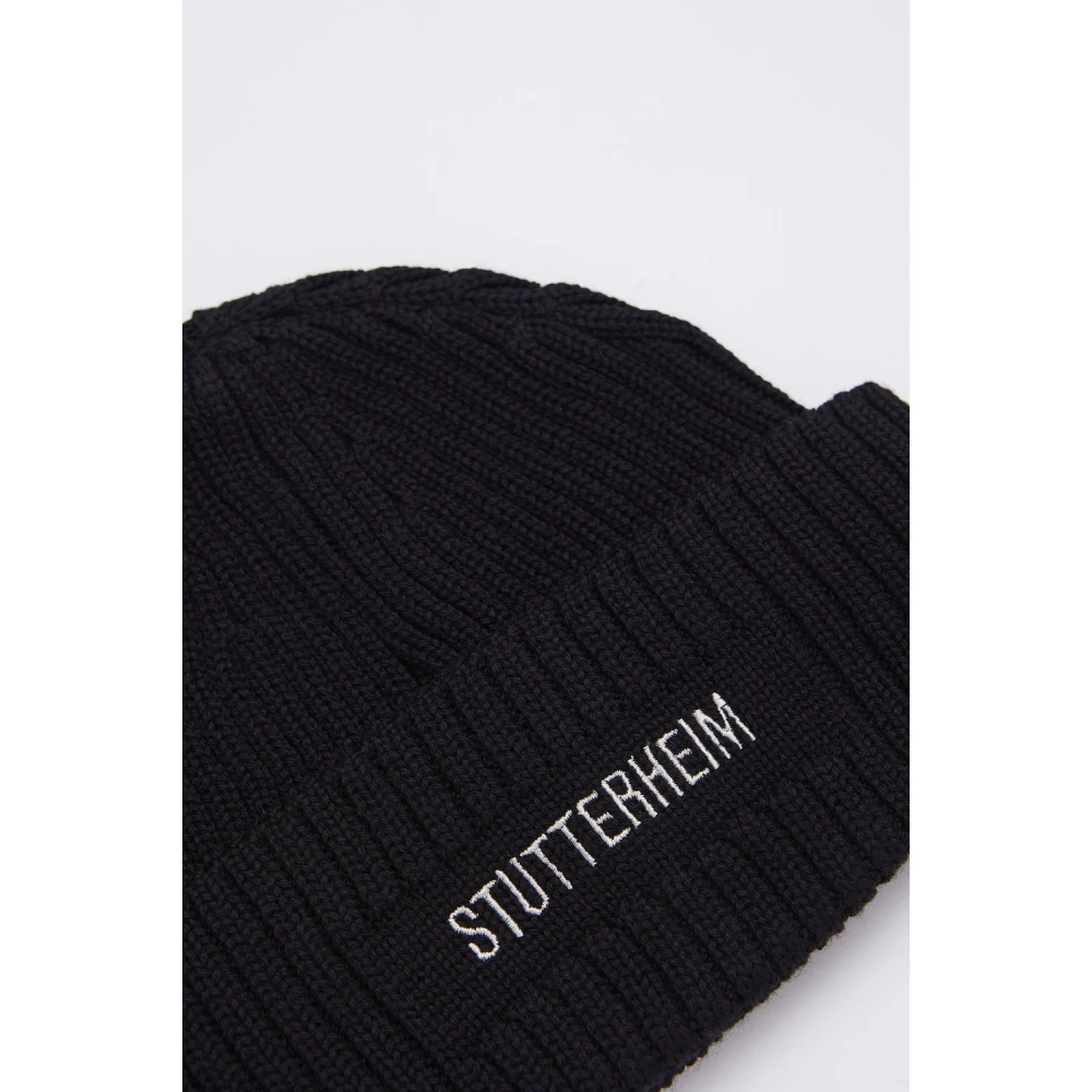 Stutterheim Merino Wol Logo Beanie Muts Black Heren