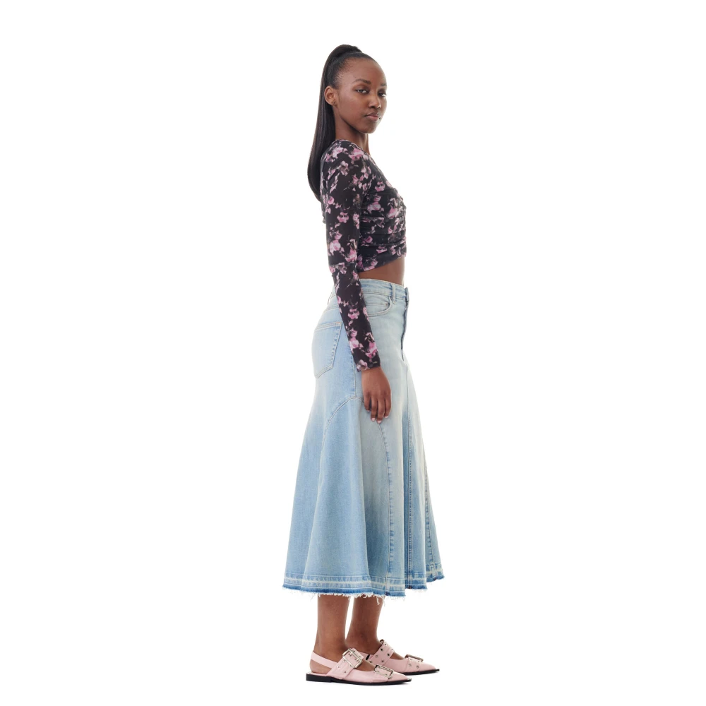 Ganni Blauwe Denim Midi Rok met Zakken Blue Dames
