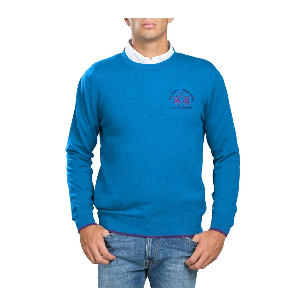 La Martina Men's Blue Round-Neck Knitwear,, Embroidered Logo Jumper Small
