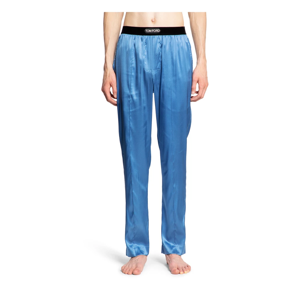 Tom Ford Blauwe Zijden Pyjamabroek Elastische Tailleband Blue Heren