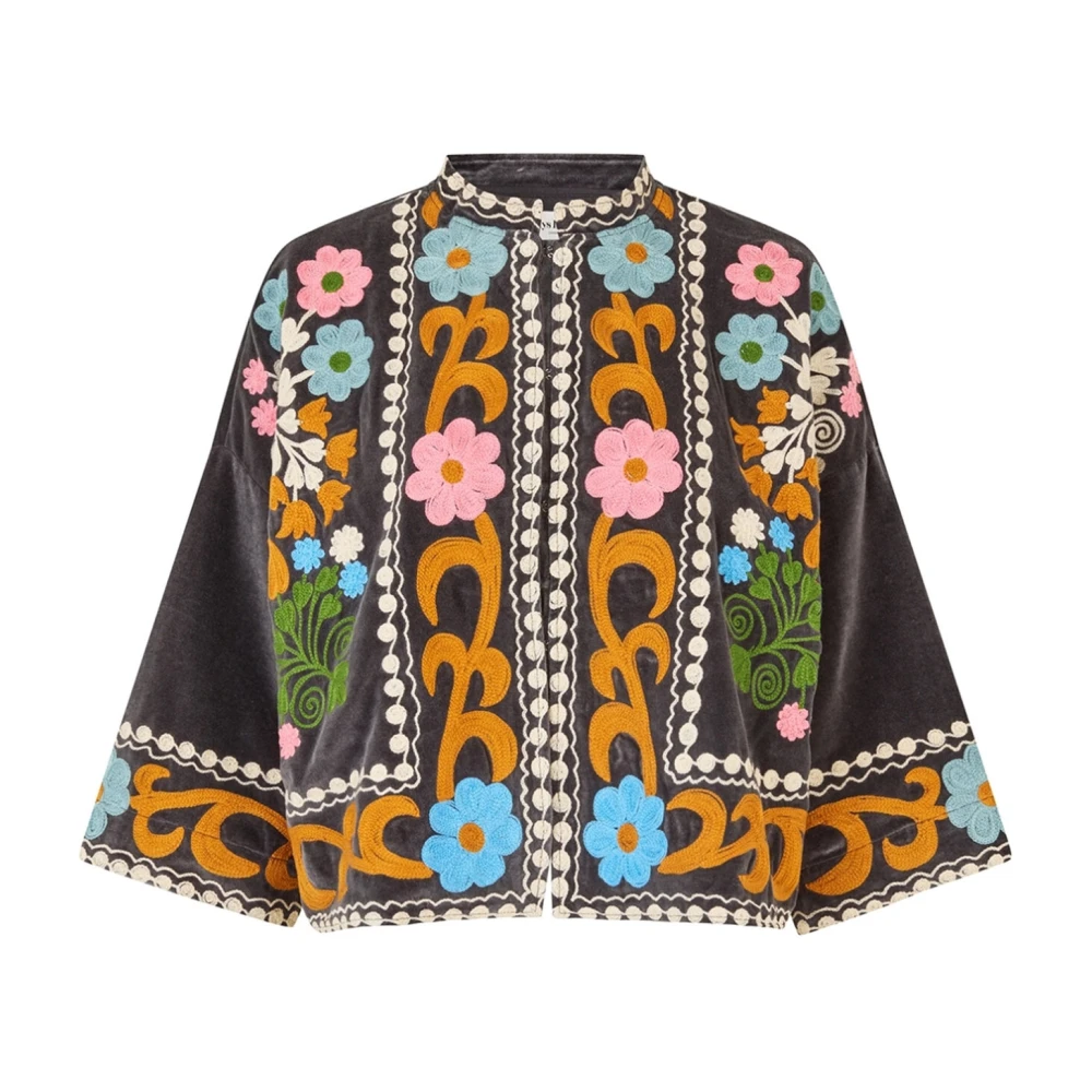 Lollys Laundry Bloemen Geborduurde Zwarte Fluwelen Jas Multicolor Dames