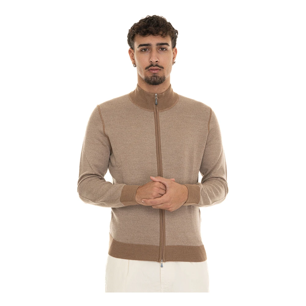 Gran Sasso Merino Wol Zip Cardigan met Contrastdetails Brown Heren