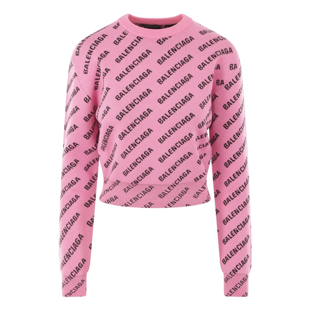 Balenciaga Women's Pink Logo Jacquard Cropped Jumper - Round-Neck Knitwear - S - Knitwear