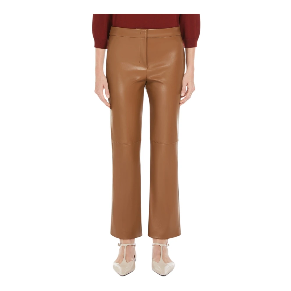 Max Mara Bruine Slim-Fit Gecoate Broek met Leren Details Brown Dames