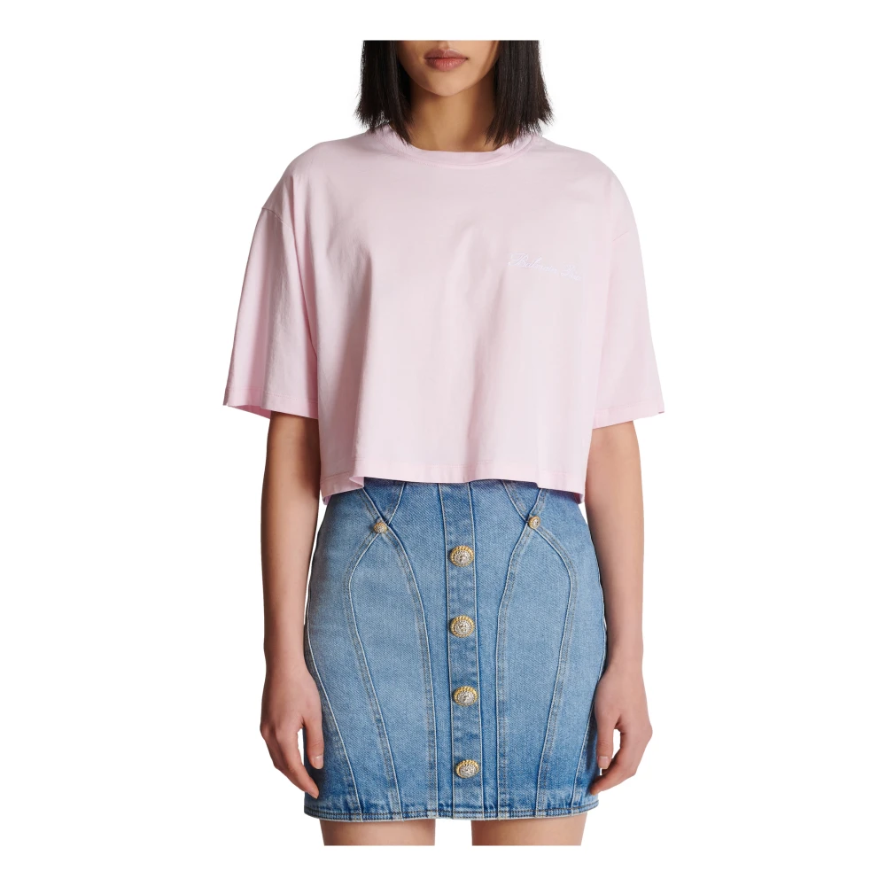 Balmain T-shirt met handtekeningborduurwerk Pink Dames