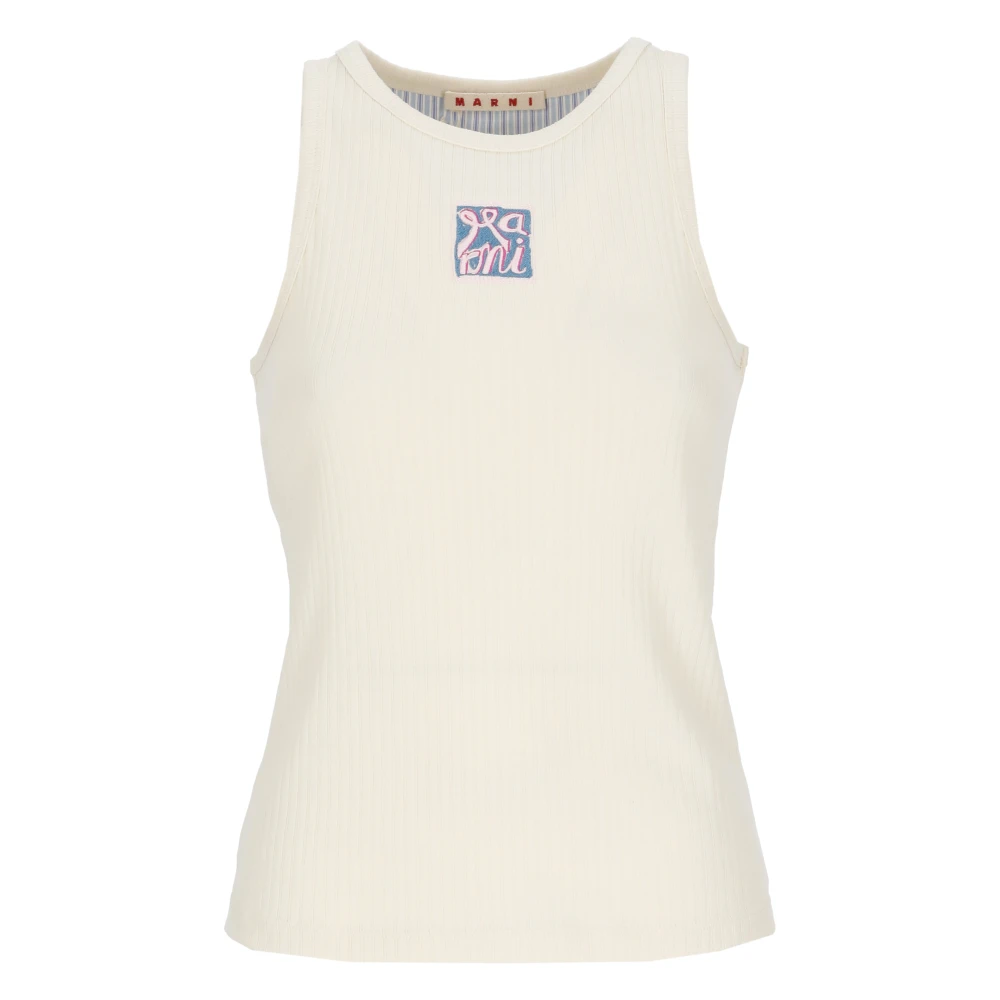 Marni Women's White Sleeveless Tops, 2XS, Ribbed Cotton Tank Top With Frame Logo