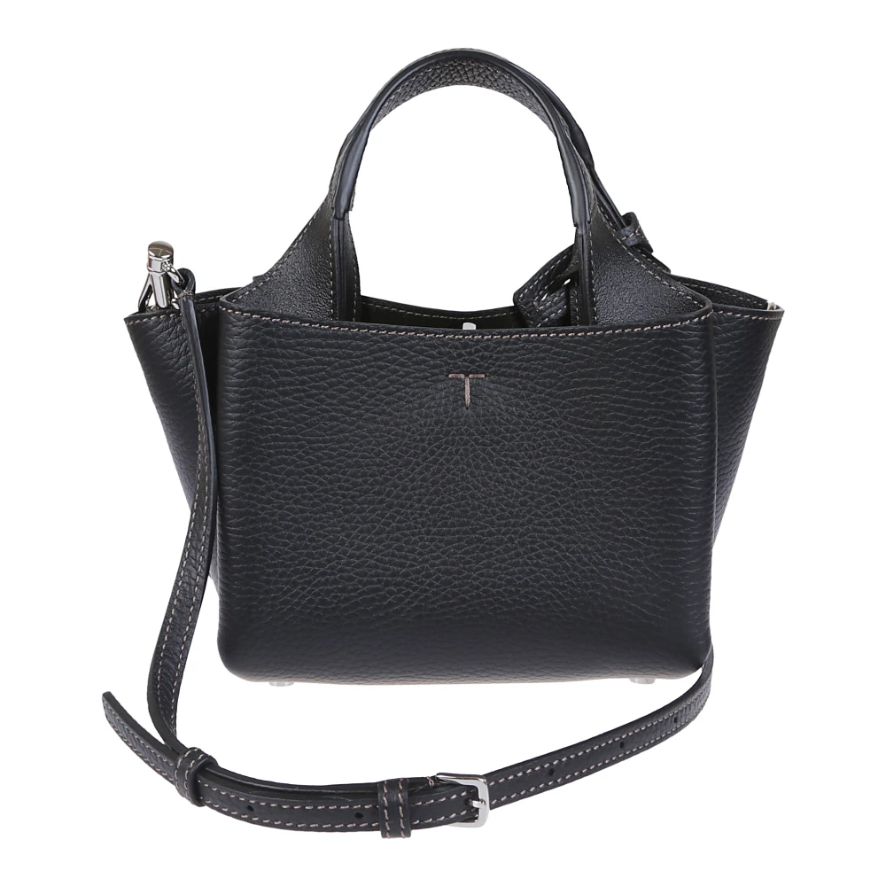 TOD'S Zwarte gehamerde leren tas met metalen T Timeless hanger Black Dames