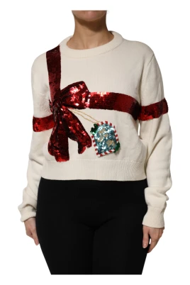 Vit Paljetter Crew Neck Pullover Sweater