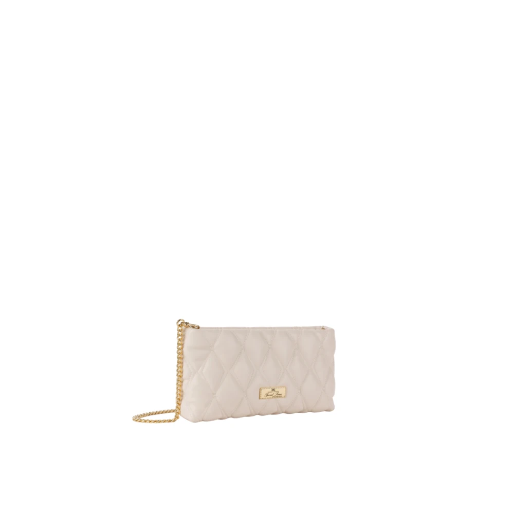 Elisabetta Franchi Gestanste Stoffen Clutch met Gouden Logo Beige Dames