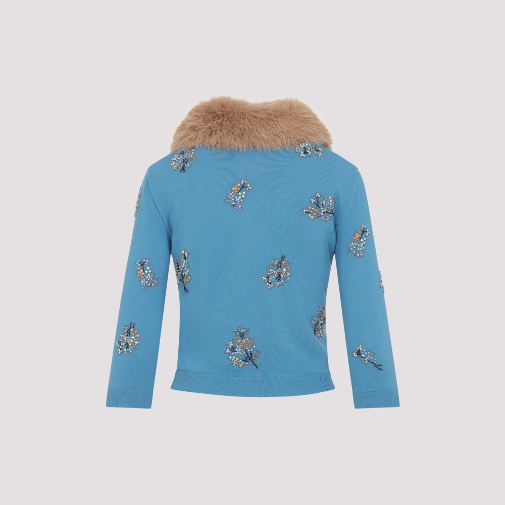 Valentino Blauwe Trui met Kristallen en Bont Blue Dames