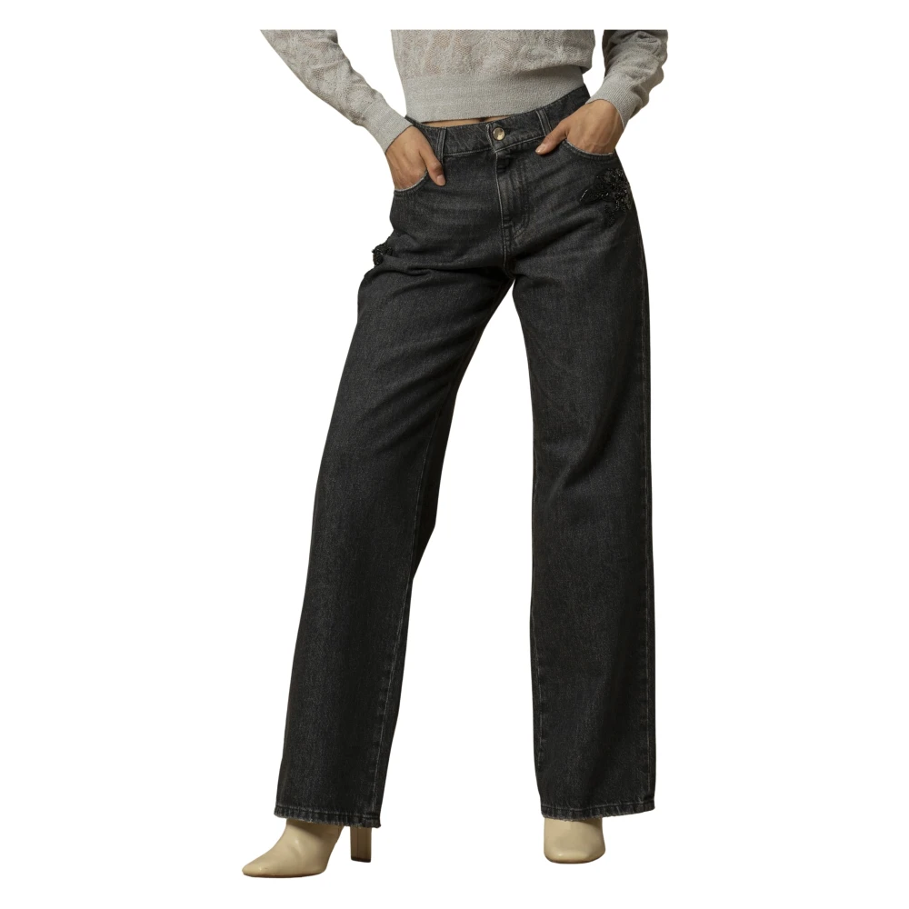 Kocca Donna Nero Pantaloni In Denim Eleganti Con Caviglie Svasate