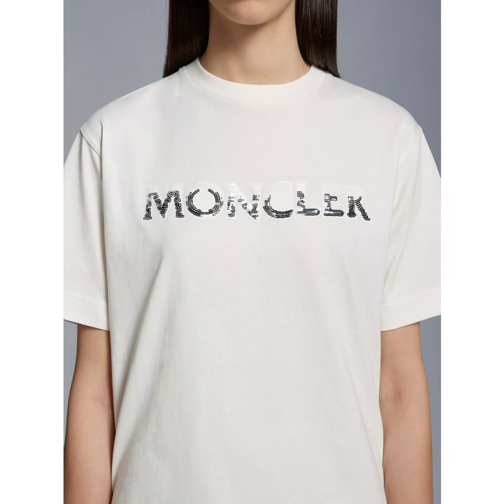 Moncler Witte Geribbelde T-shirts en Polos met Paillet Logo White Dames