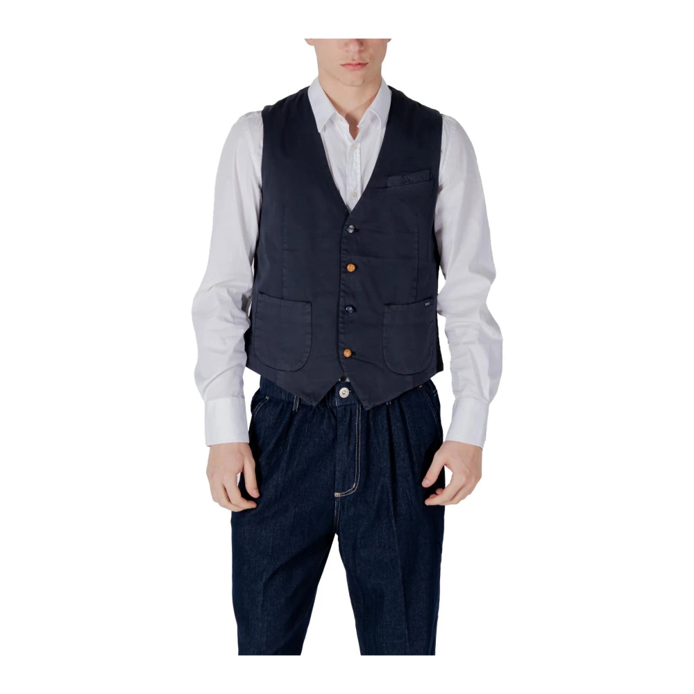 Gianni Lupo Mannelijk Blauw Mouwloos Gilet Met Knopen En Zakken