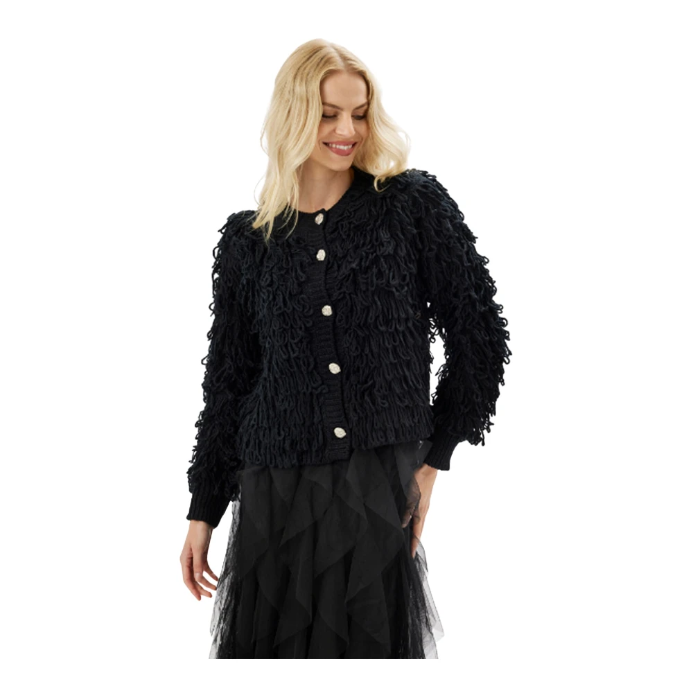 IN Front Zwarte Gebreide Vest met Franjes Black Dames