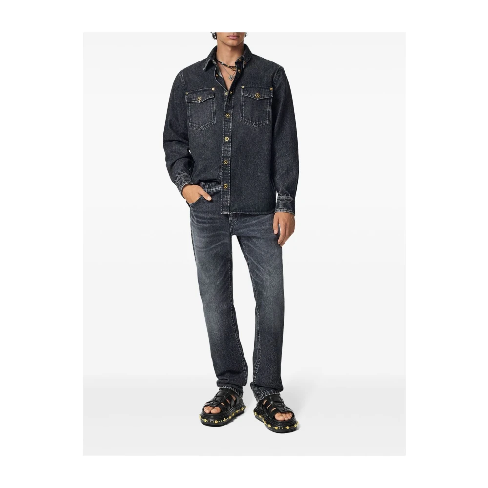 Versace Zwarte Denim Shirt Medusa Hoofd Knopen Black Heren