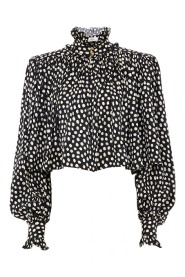 Maxi-topp med hög krage och rynkningar i silk jacquard