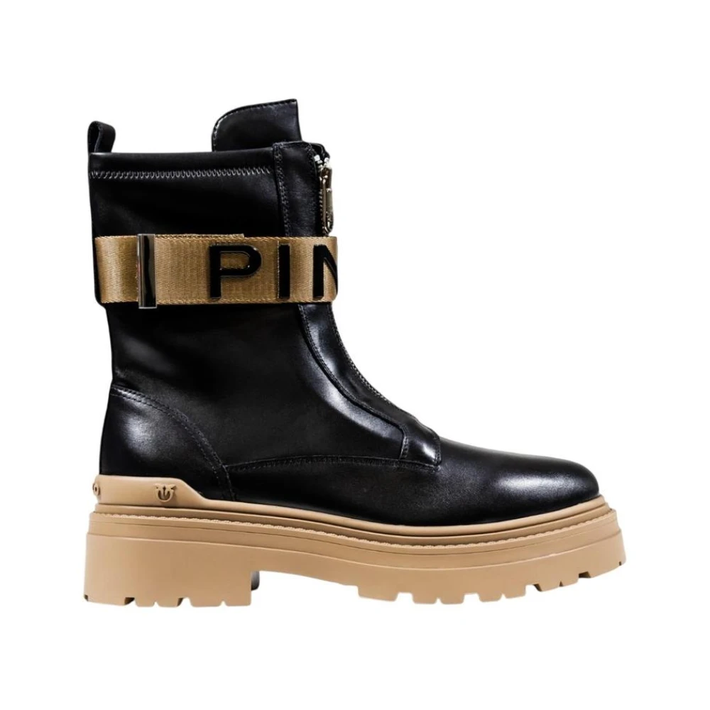 Pinko Round Toe Leather Boots With Zip Fastening - Female - Lace-Up Boots - Black - 8 Uk - Shoes