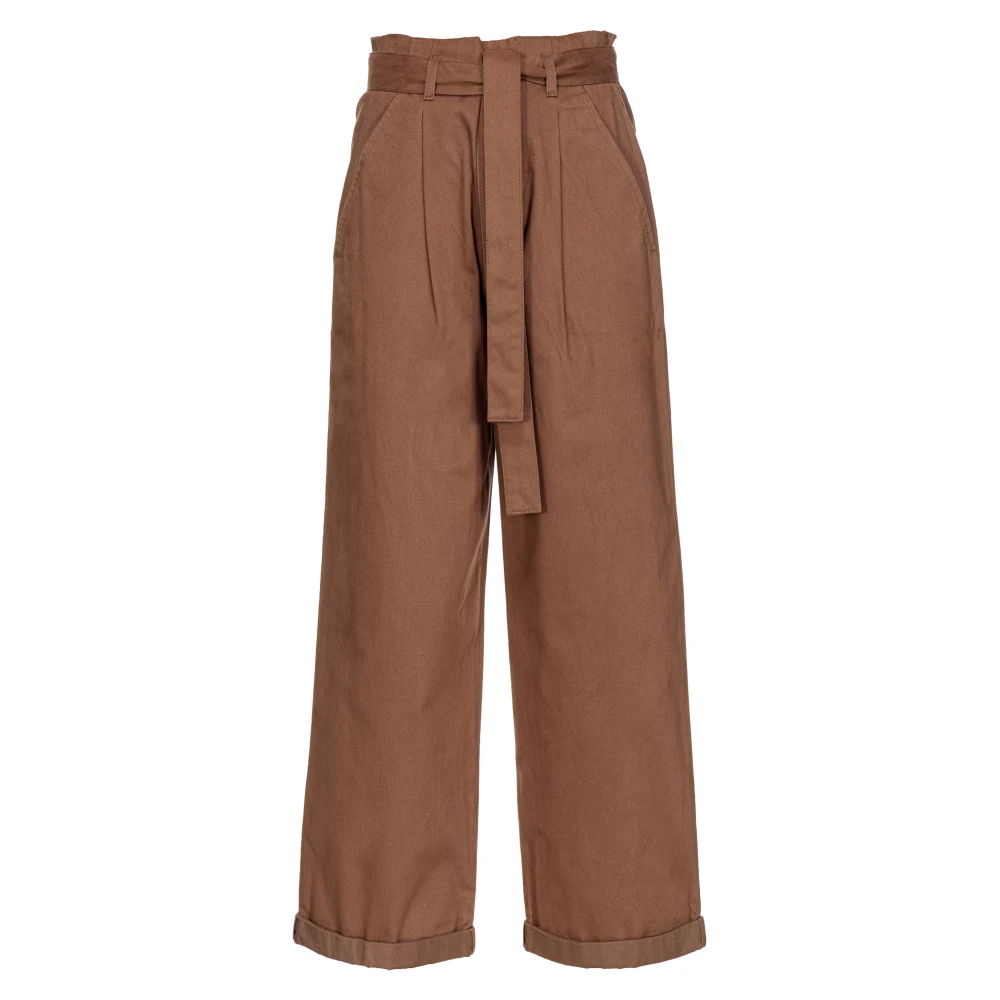 Pinko Women's Brown Wide Straight Leg Cotton Trousers - Wide Trousers - Xl - Trousers
