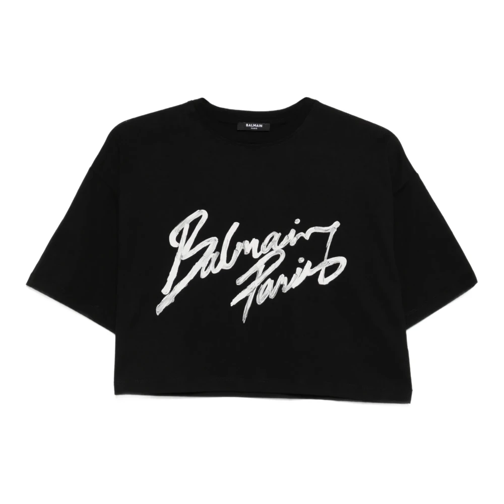 Balmain Black Logo Crop Cotton T-Shirt - Female - T-Shirts - Xs - Tops
