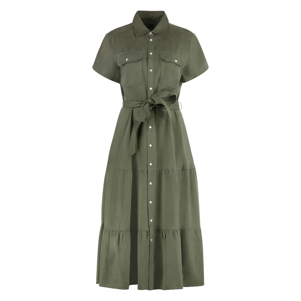 Polo Ralph Lauren Jurk met knoopsluiting zakken en riem Green Dames