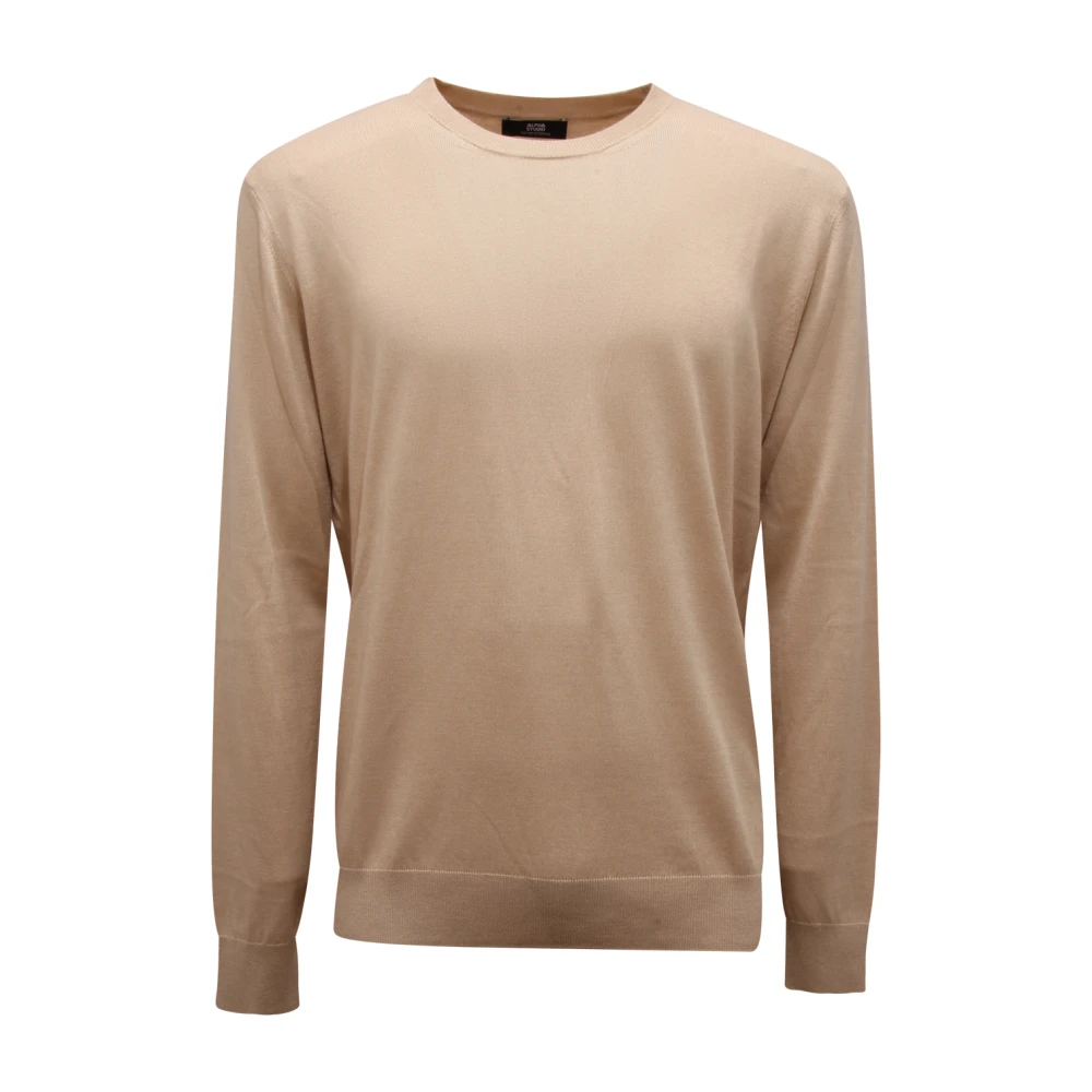 Alpha Studio Men's Beige Silk/Cashmere Jumper- Oatmeal Silk Set - Round-Neck Knitwear - M - Knitwear